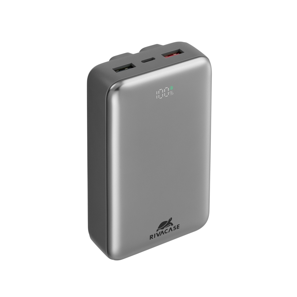 Szary powerbank ze wskaźnikiem naładowania 100% i portami USB.
