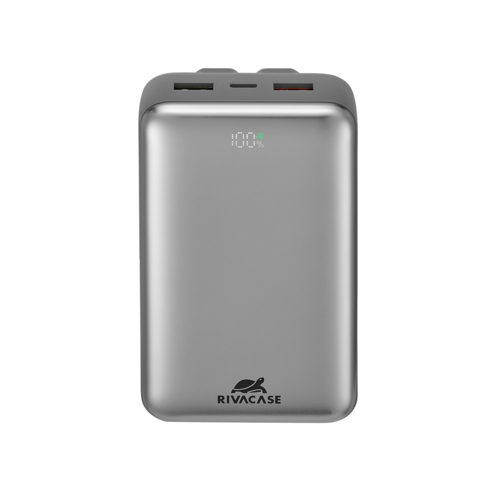 Szara powerbanka RIVACASE ze wskaźnikiem naładowania 100% i dwoma portami USB.