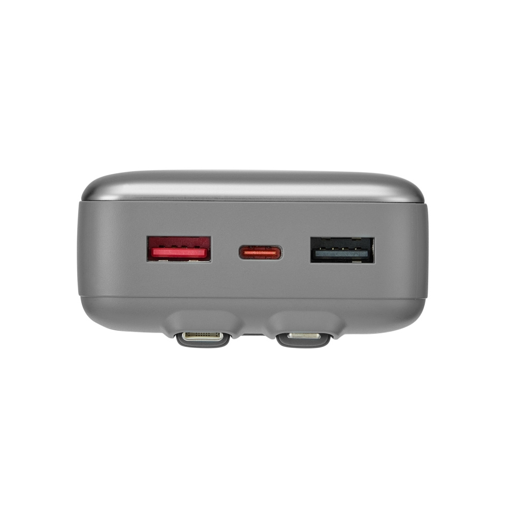 Szara powerbank z czerwonymi, czerwonymi i czarnymi portami USB na górze.