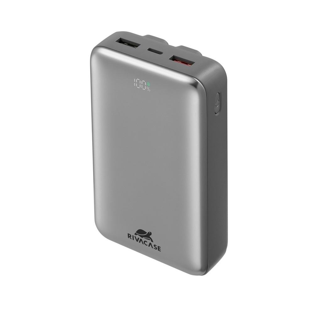 Szara power bank RIVACASE ze wskaźnikiem naładowania 100% i portami USB.