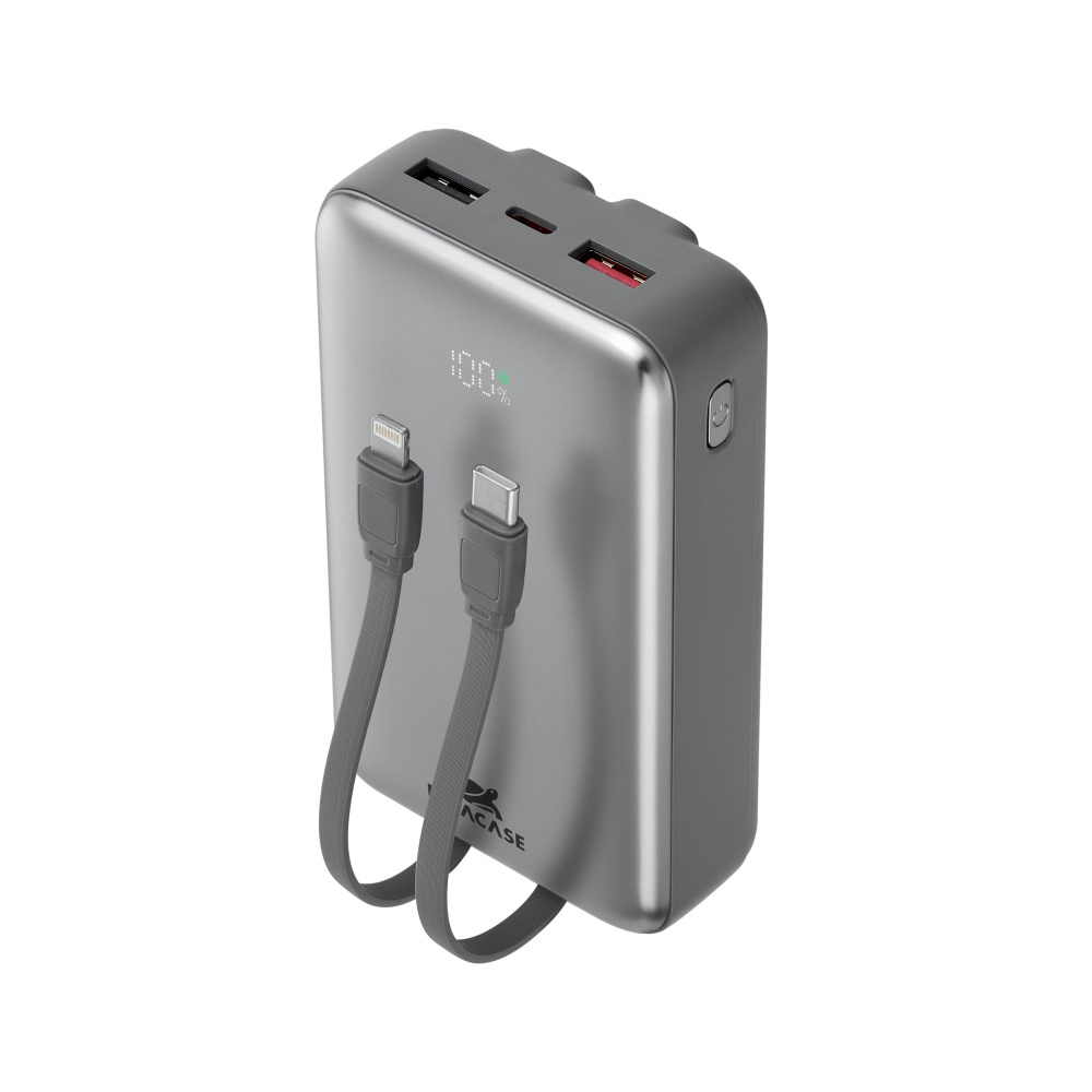 Szara power bank z 100% naładowania, dwa podłączone kable.
