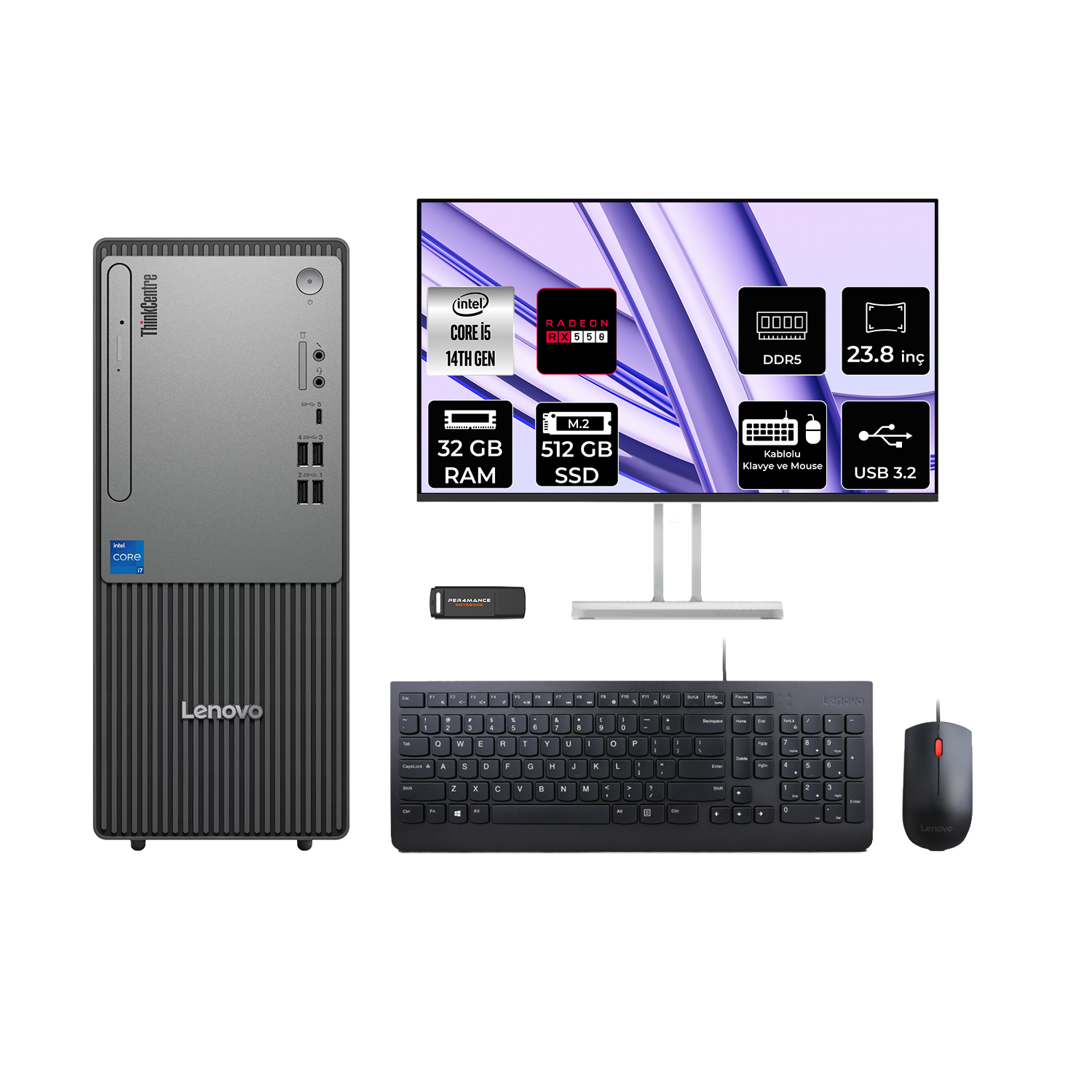 LENOVO ThinkCentre Neo 50T RX550 4GB 23.8" 12UAS1CF00P665 PER4 Bellek Intel Core i5-14400 32 GB RAM 512 GB SSD FreeDOS Masaüstü Bilgisayar