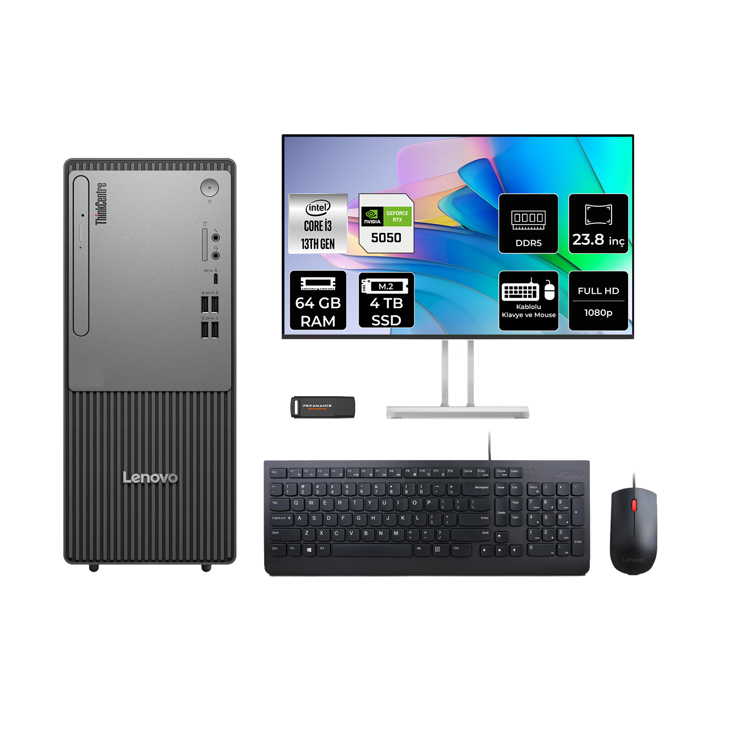 LENOVO ThinkCentre Neo 50T RTX5050 8GB 23.8" 12UB0009TRP856 PER4 Bellek Intel Core i3-13100 64 GB RAM 4 TB SSD FreeDOS Masaüstü Bilgisayar