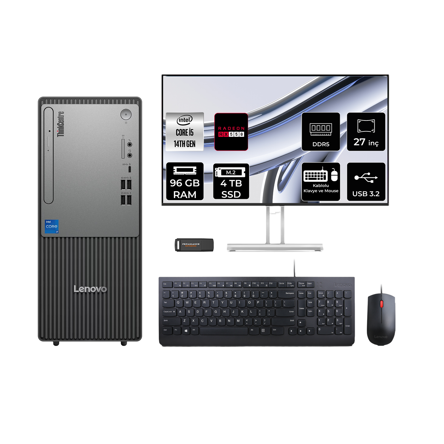 Lenovo PC kulesi, monitör, klavye ve fare, özellikler dahil.