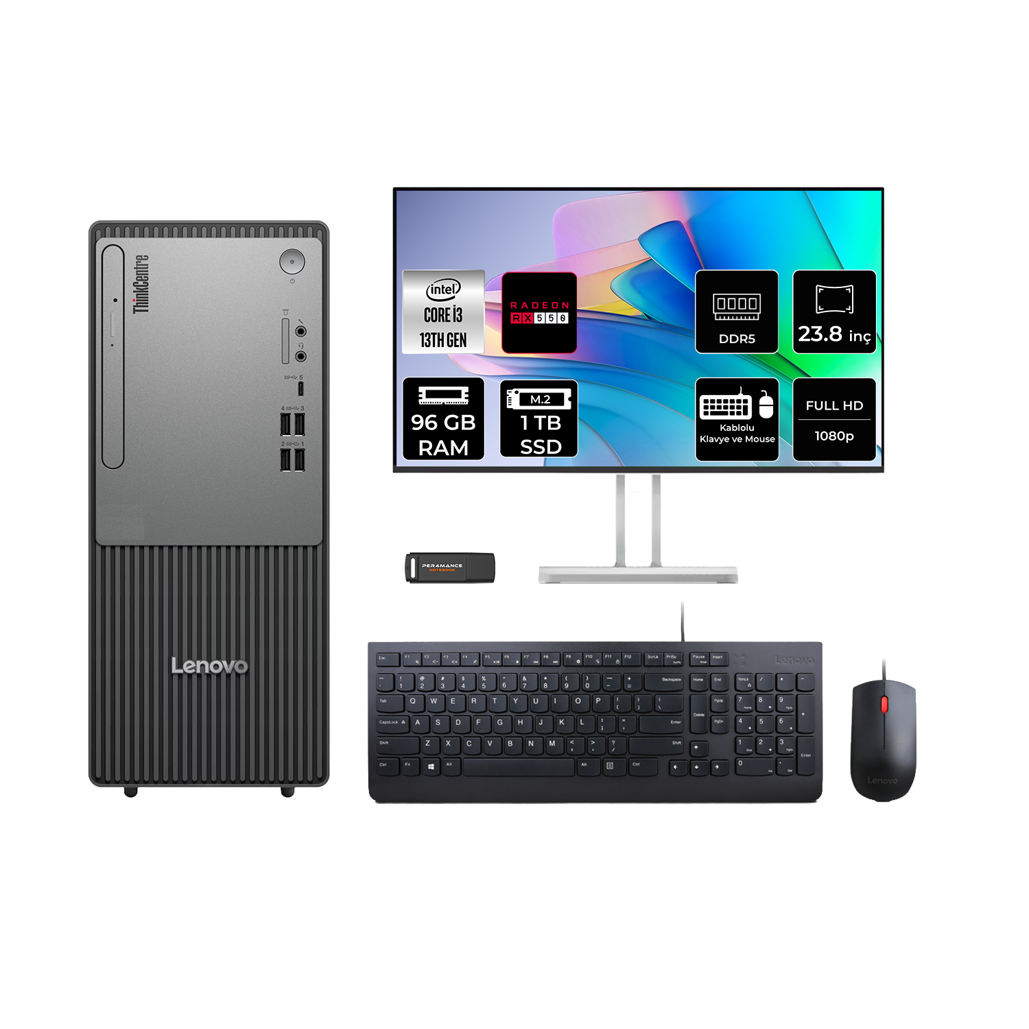 Intel Core i3, 96GB RAM, 1TB SSD, 23.8 inç Full HD monitörlü Lenovo ThinkCentre PC.