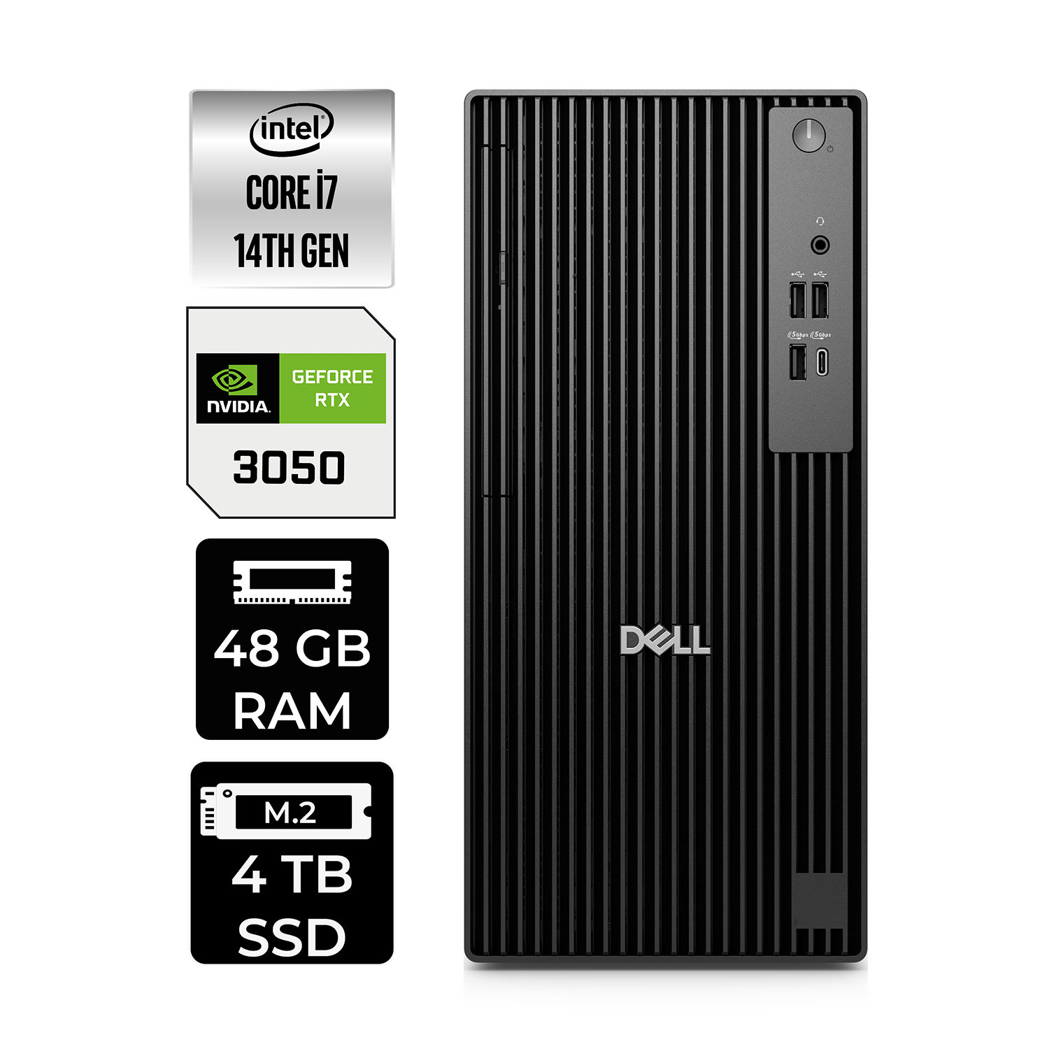 Intel Core i7, RTX 3050, 48 GB RAM, 4 TB SSD'li siyah Dell PC.
