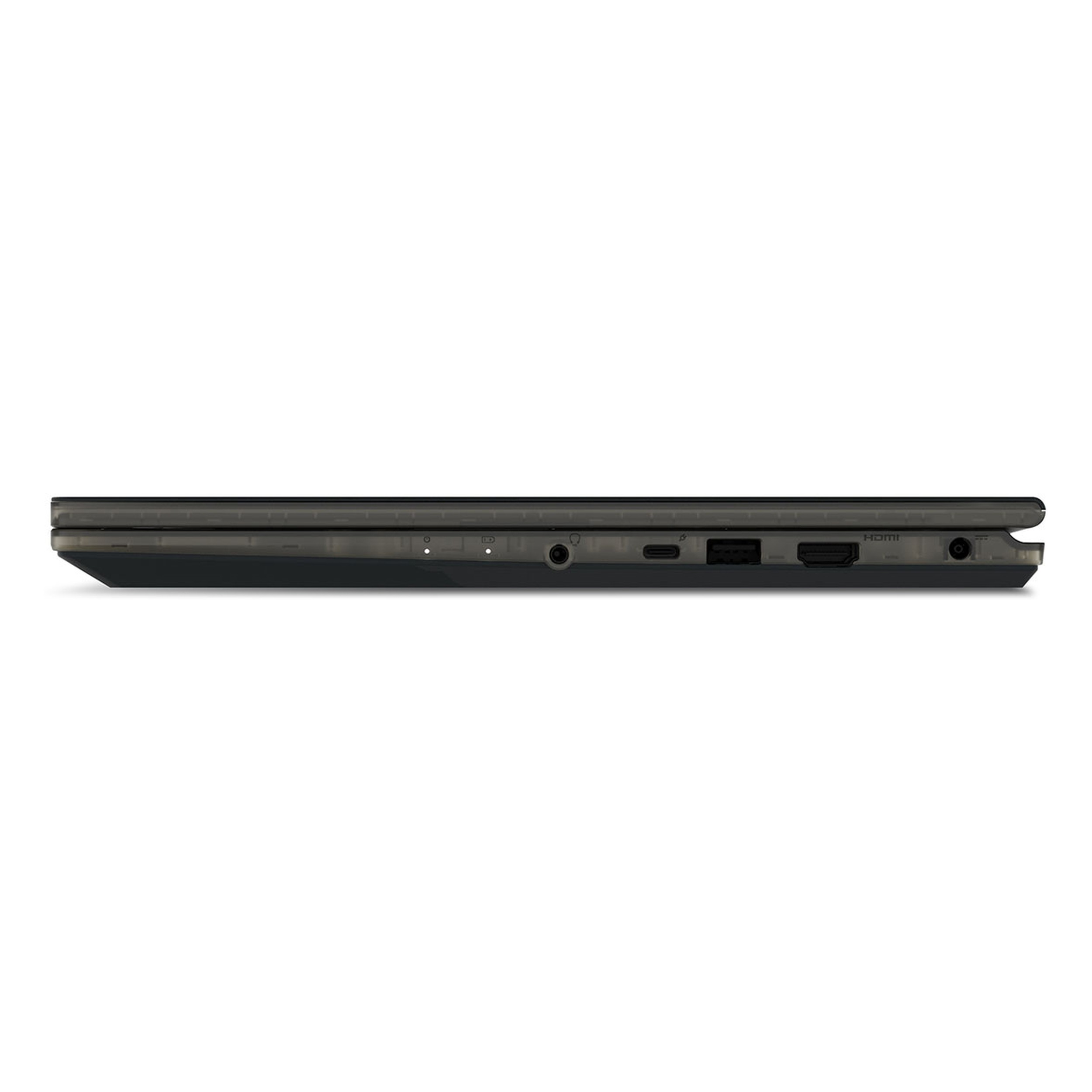 Siyah dizüstü bilgisayar bağlantı noktaları: USB-C, HDMI, ses jakı.