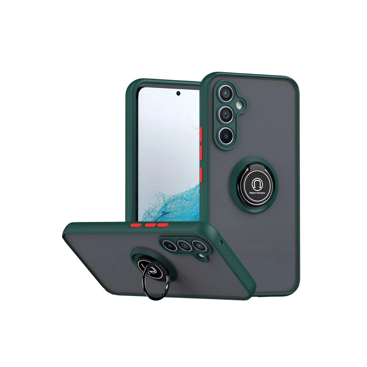 Beyaz arka plan üzerinde halka tutuculu iki koyu yeşil telefon kılıfı.