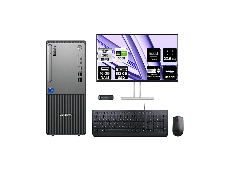 LENOVO ThinkCentre Neo 50T RTX5050 8GB 23.8" 12UAS1CF00P841 PER4 Bellek Intel Core i5-14400 16 GB RAM 512 GB SSD FreeDOS Masaüstü Bilgisayar