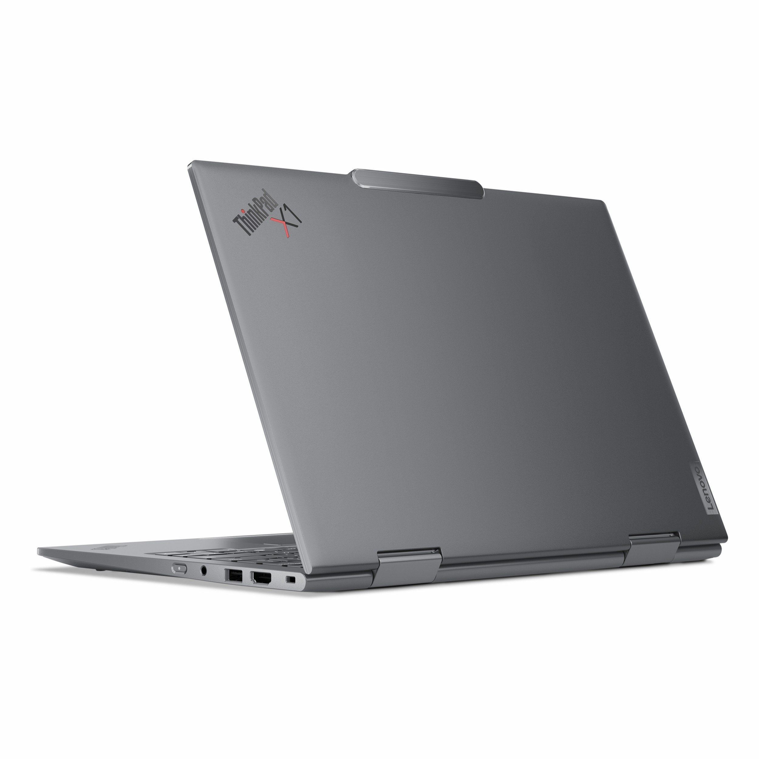 Klavyesi ve bağlantı noktaları görünen gri Lenovo ThinkPad X1 dizüstü bilgisayar.