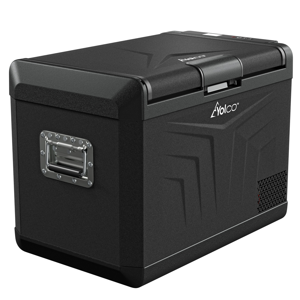 Borsa frigo portatile nera Yolco con maniglia argentata sul lato.