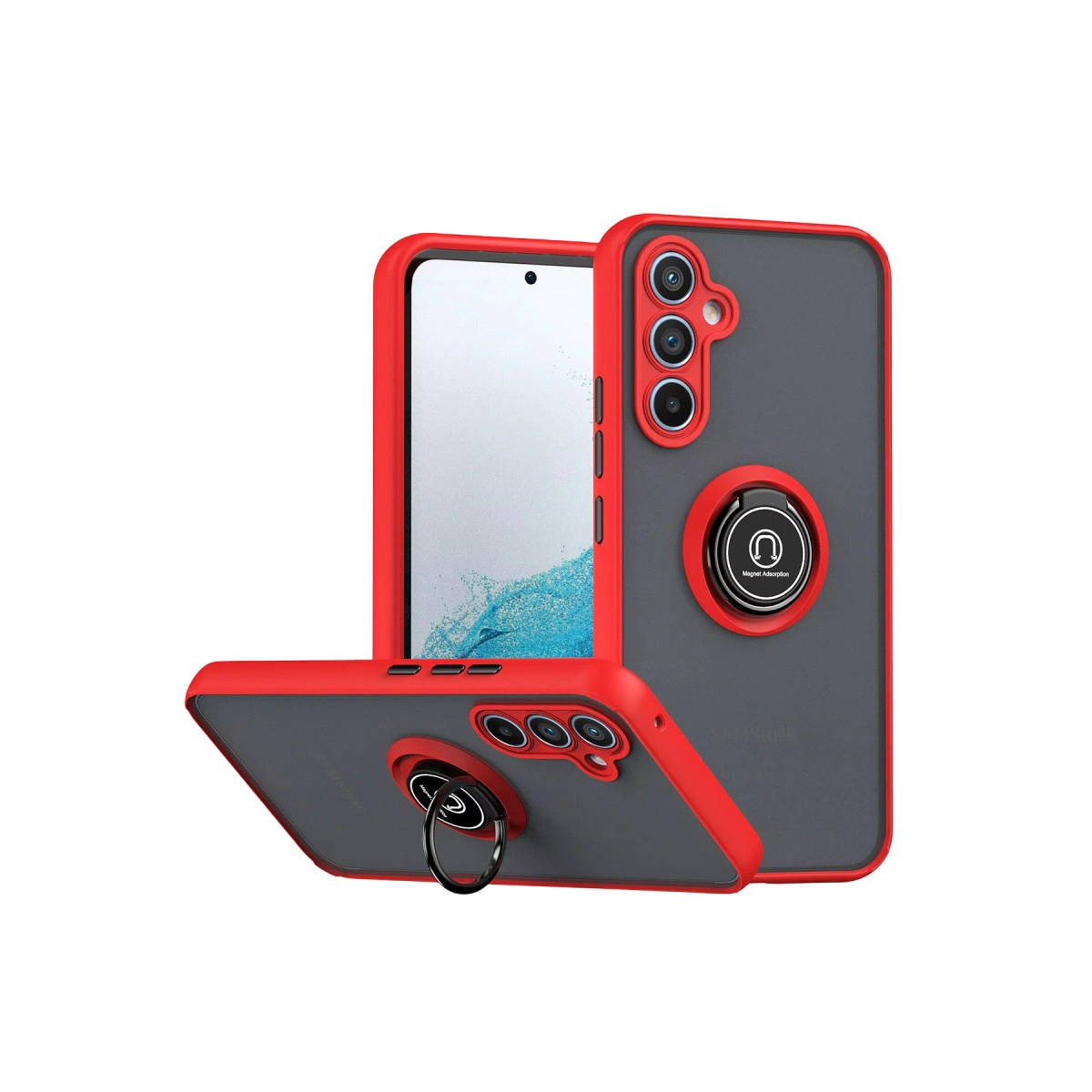 Kırmızı ve gri telefon kılıfı halka tutuculu, beyaz arka plan üzerinde.
