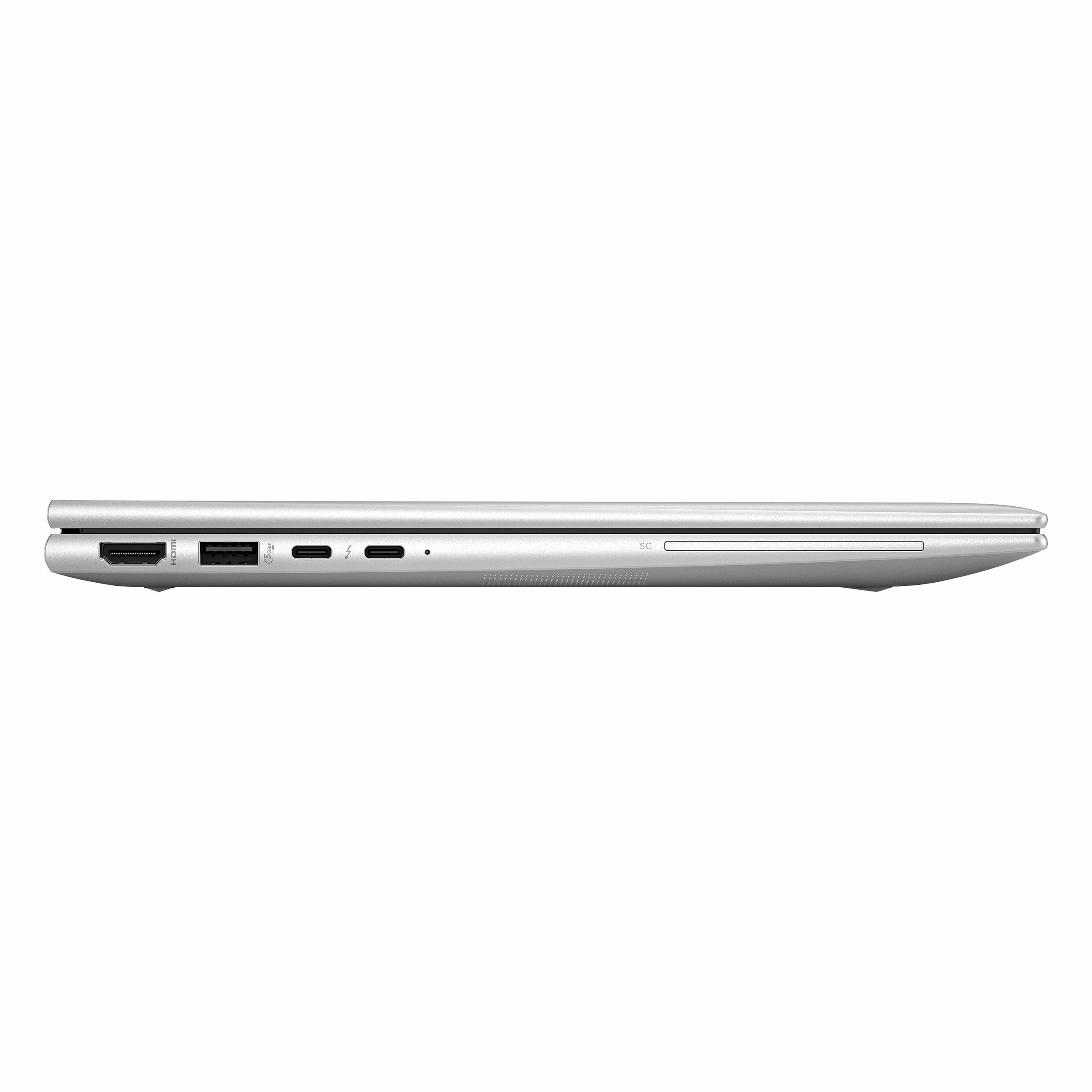 Gümüş rengi dizüstü bilgisayarın yan portları: HDMI, USB-C, SD kart okuyucu.