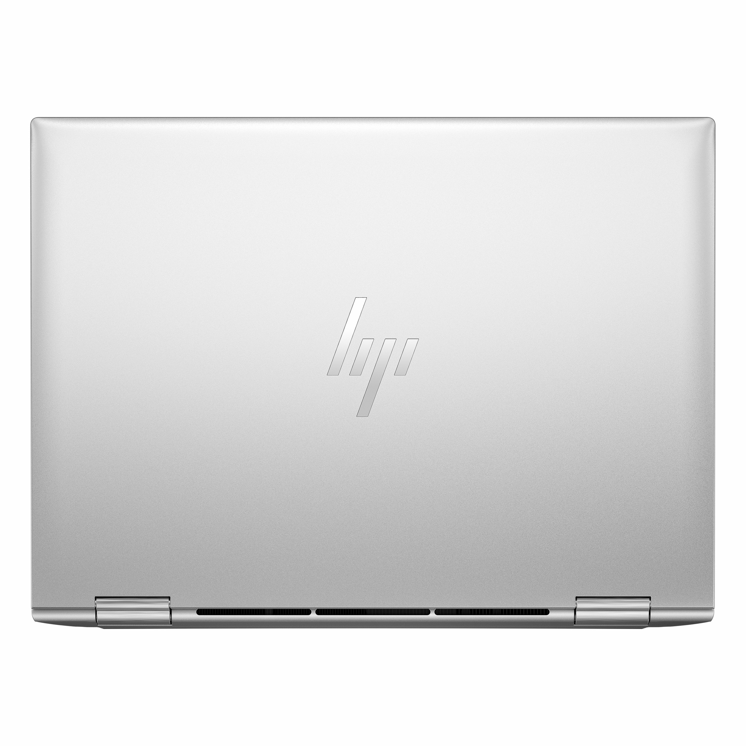 HP logosu ve havalandırma delikleri olan kapalı gümüş laptop.