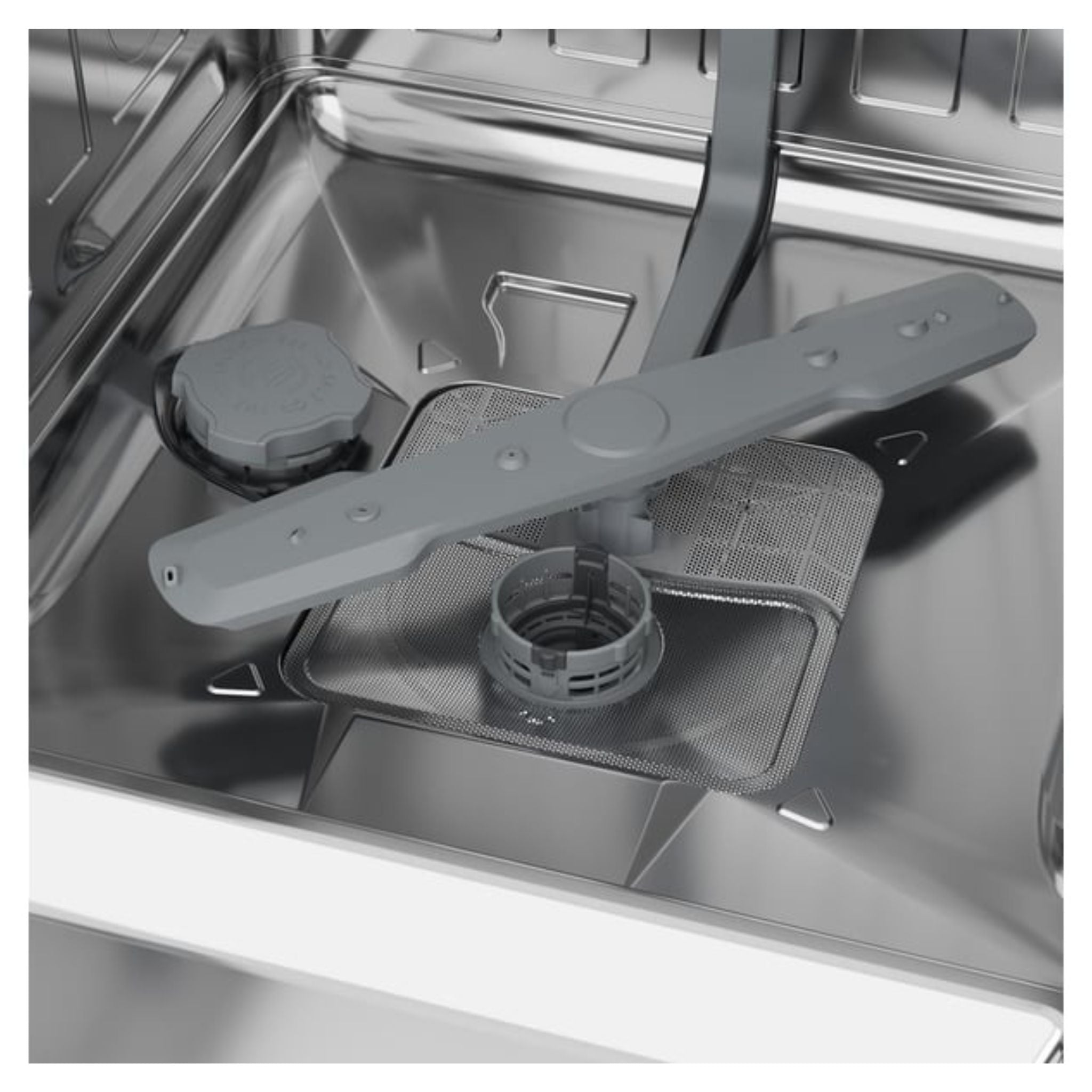 The interior of a dishwasher with a spray arm and filter.