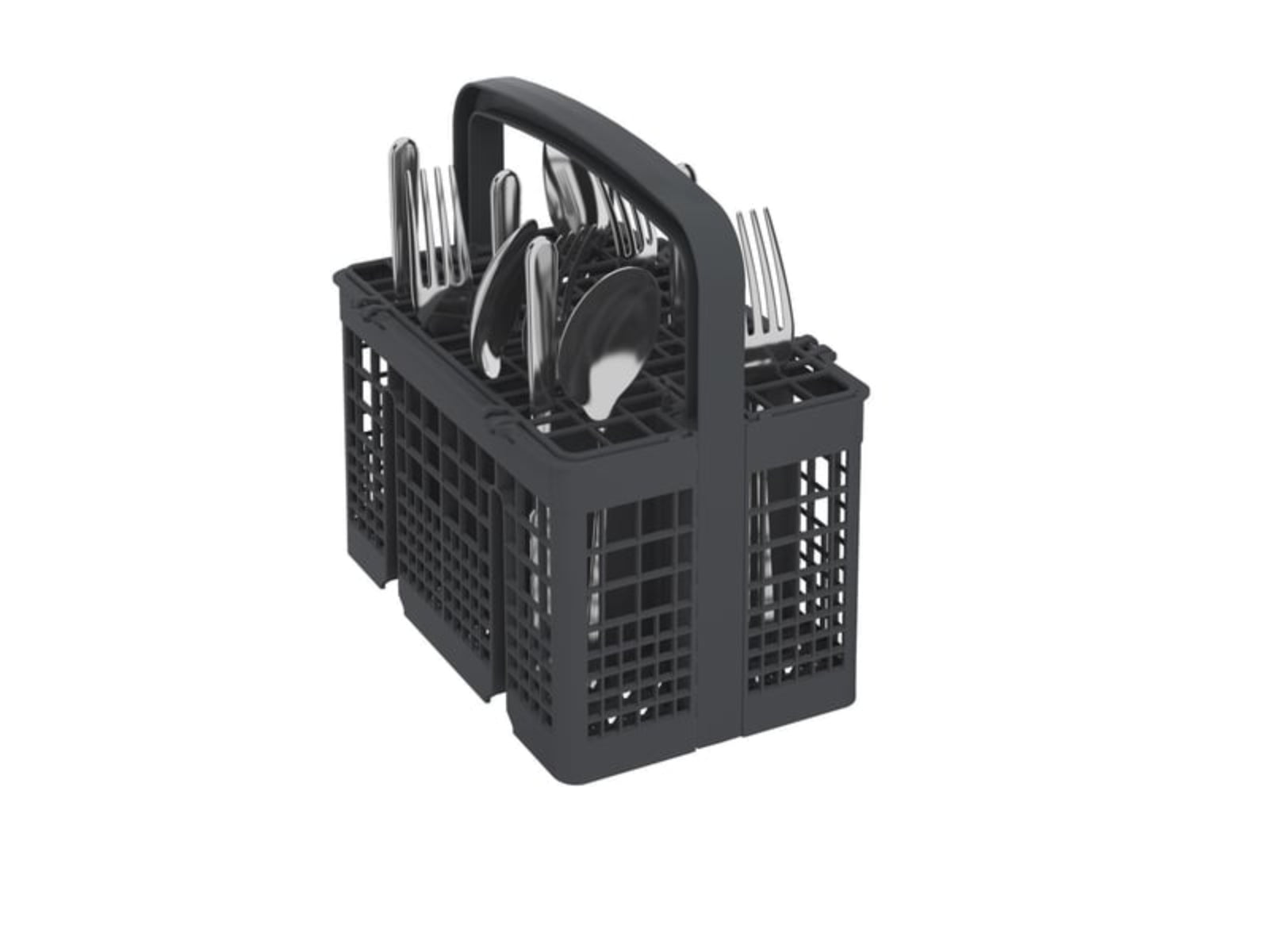 A gray cutlery basket with a handle, filled with shiny silver utensils.