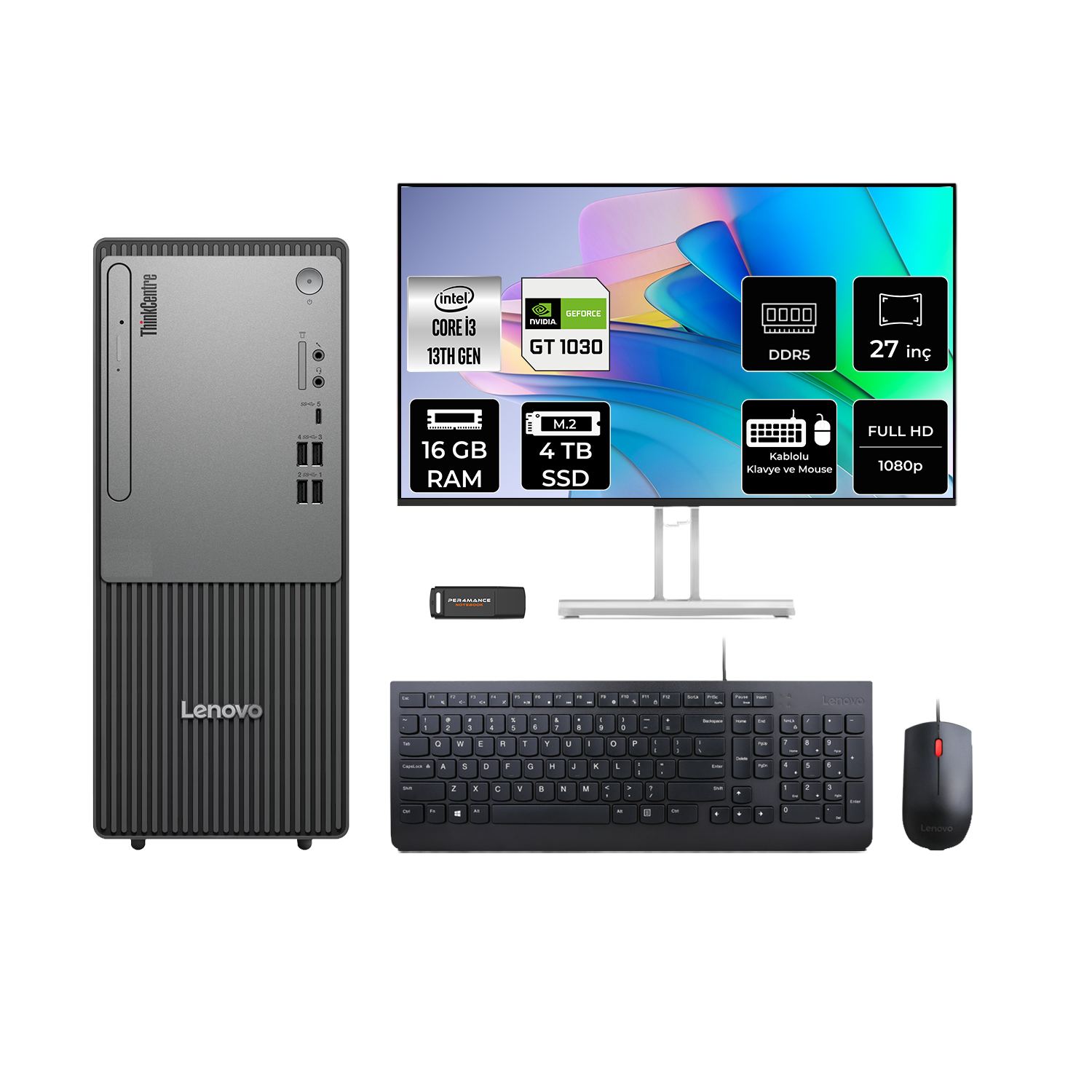 LENOVO ThinkCentre Neo 50T GT1030 4GB 27" 12UB0009TRP1024 PER4 Bellek Intel Core i3-13100 16 GB RAM 4 TB SSD FreeDOS Masaüstü Bilgisayar