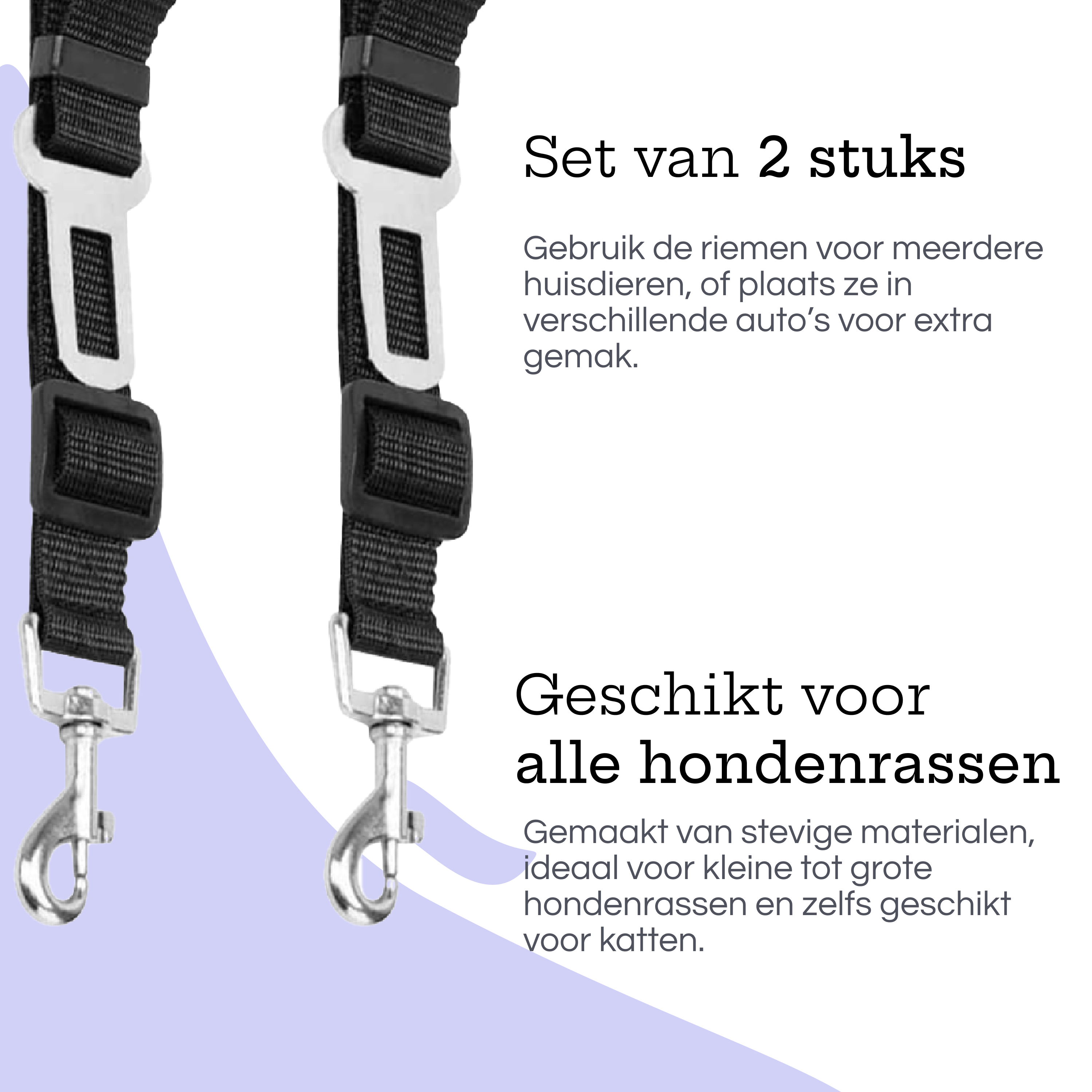 Two black dog seat belts with metal clips, for cars.
