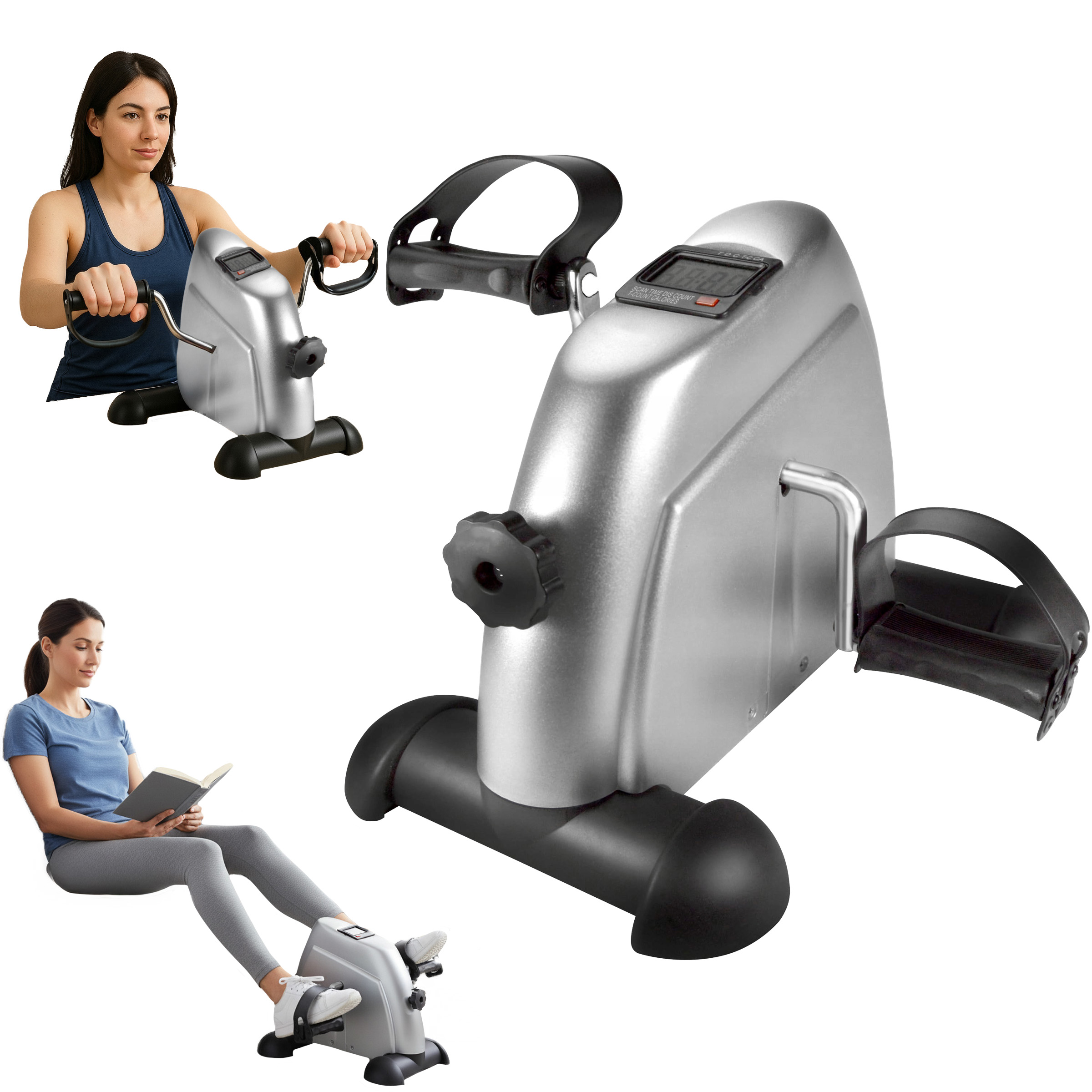 Kobieta używa mini roweru stacjonarnego i siedząca kobieta czyta.