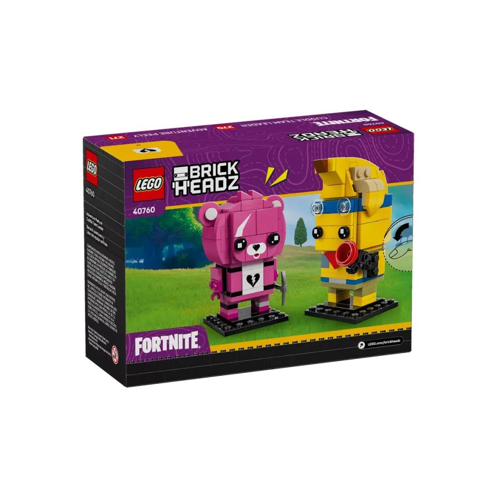 Scatola Lego BrickHeadz Fortnite con personaggi orso rosa e cane giallo.