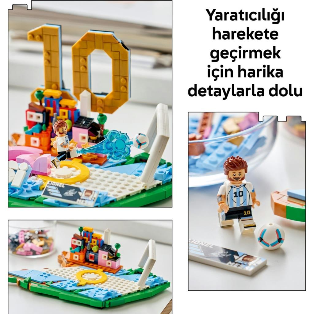 Modello Lego di un campo da calcio con figura di Lionel Messi e il numero 10.