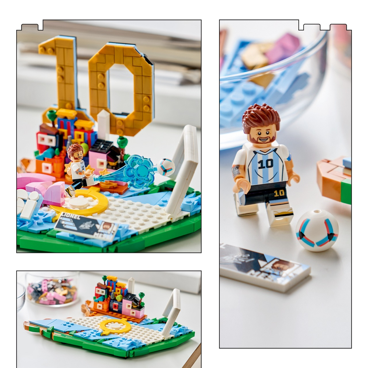 Un campo da calcio Lego con Lionel Messi, un '10' e un pallone.