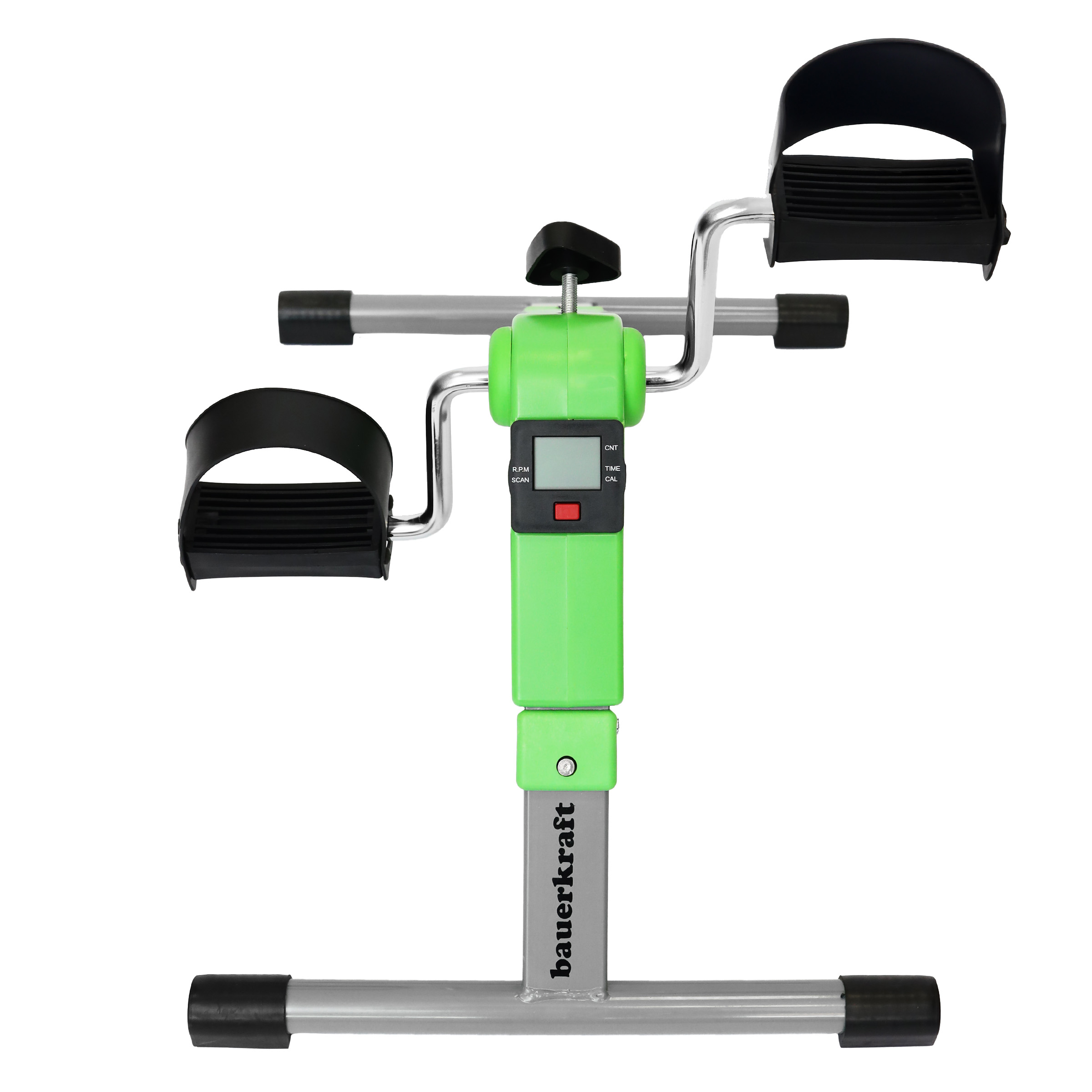 Zielony rower stacjonarny z cyfrowym wyświetlaczem i srebrną ramą.