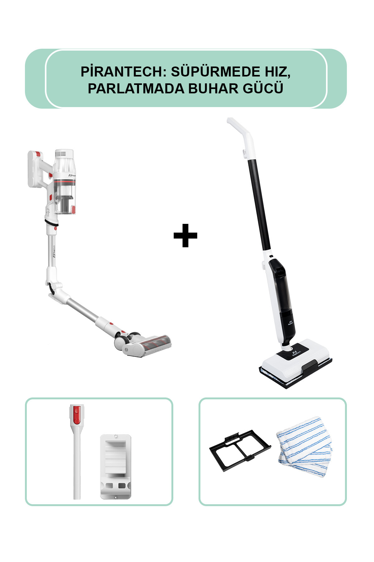Aksesuarli beyaz kablosuz süpürge ve buharli mop.