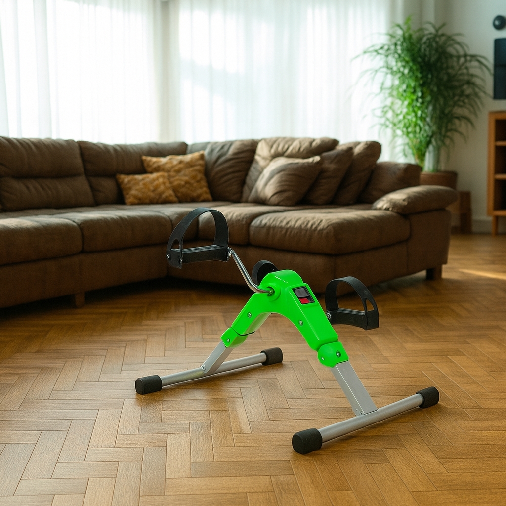 Zielony rower stacjonarny stoi na drewnianej podłodze przed kanapą.