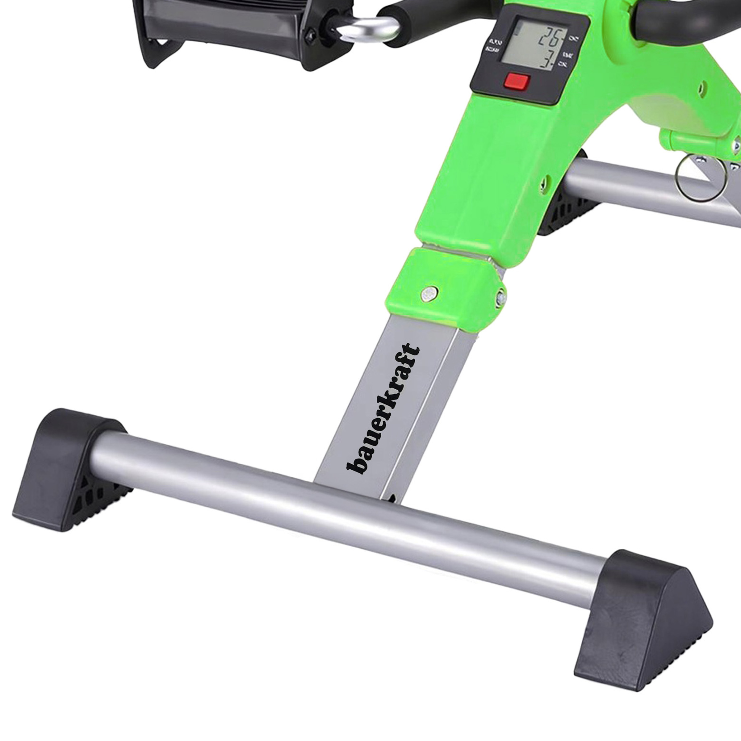Zielony rower treningowy z czarnym wyświetlaczem i srebrną ramą.