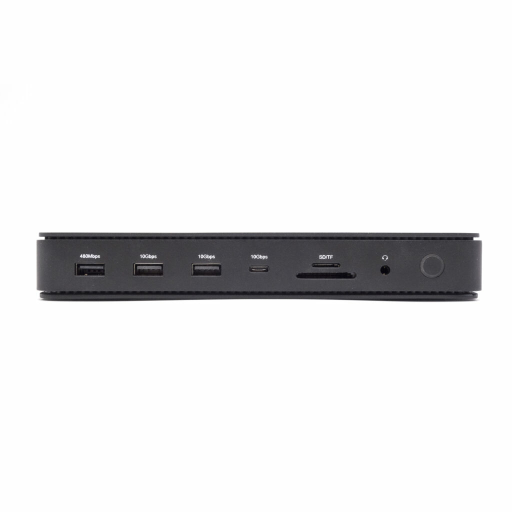Black device with ports: 480Mbps, 10Gbps, 10Gbps, 10Gbps, SD/TF, headphone, power.
