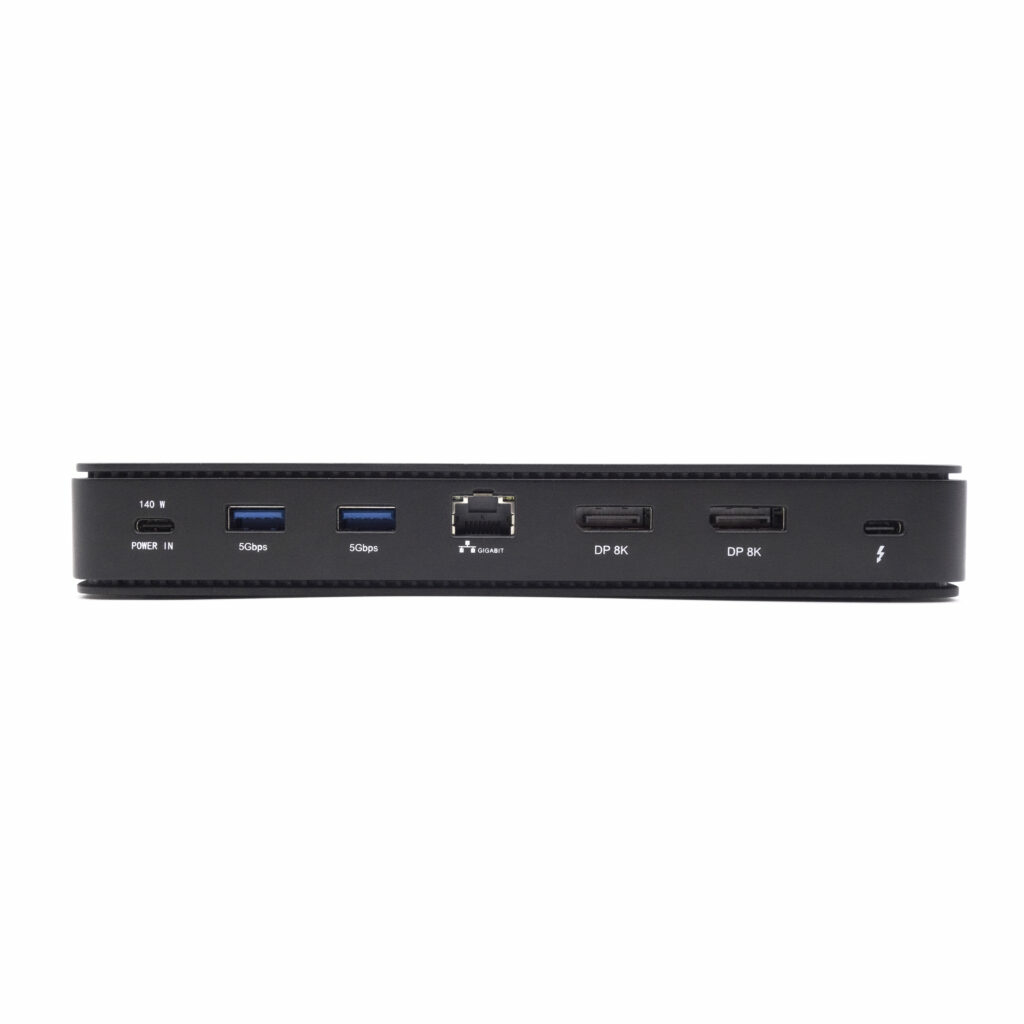 Black docking station front panel with power, 2x USB, Ethernet, and 2x DP 8K.