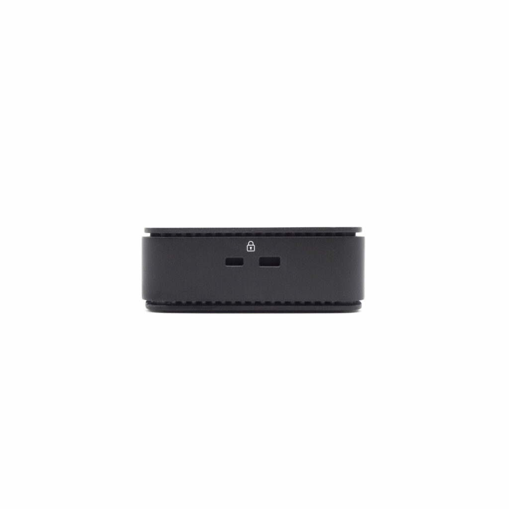 A black rectangular device with a lock symbol and two slots.