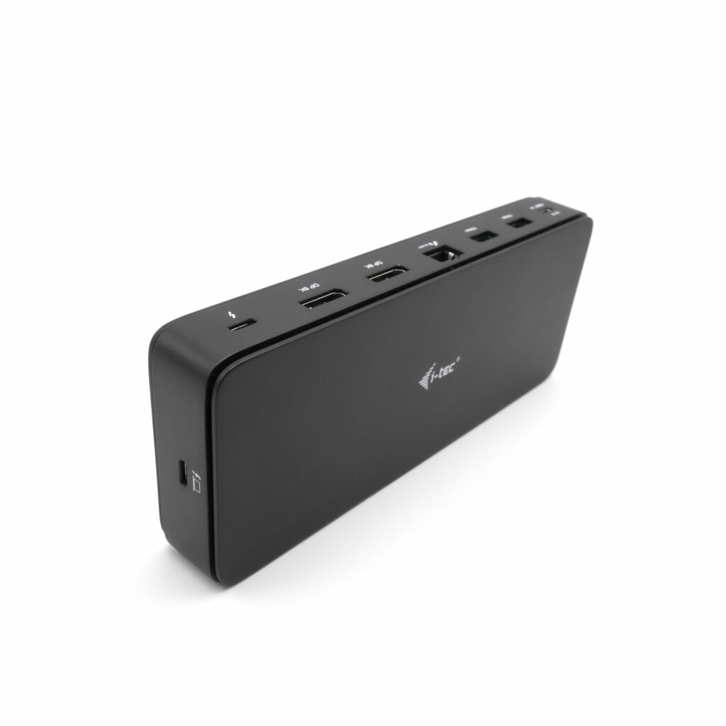 Black docking hub with ports and logo, on a white background.