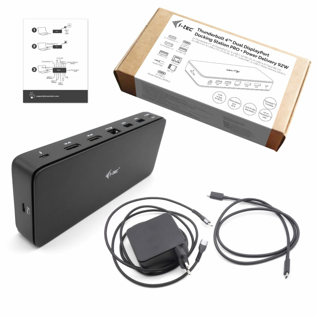 A black docking accessory with cables and power adapter on a white background.