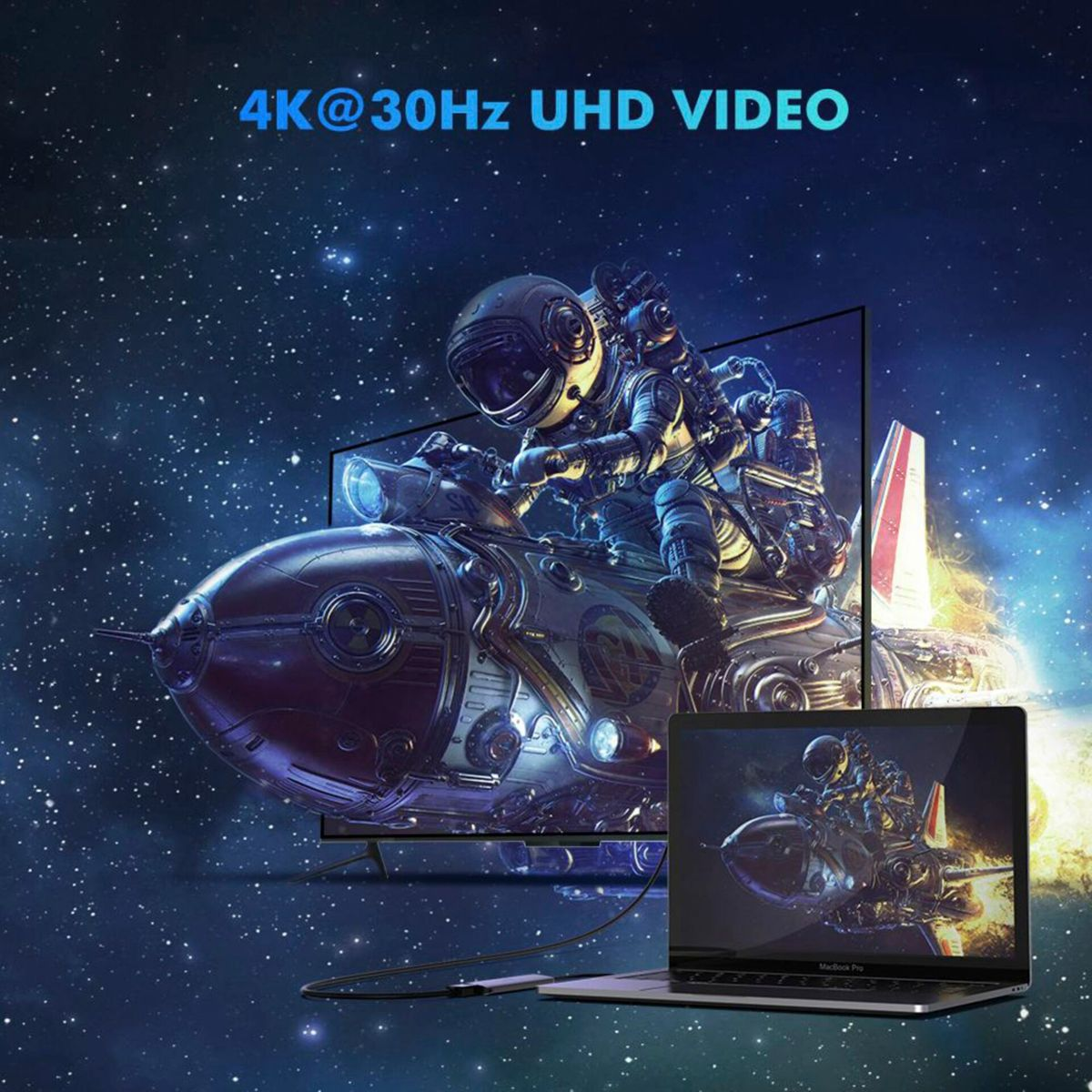 Astronaut on spaceship against starry sky, 4K UHD video.