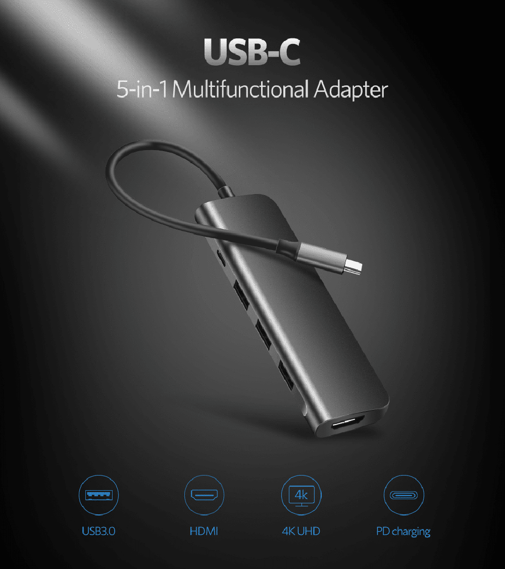 A USB-C 5-in-1 multifunctional adapter with ports.