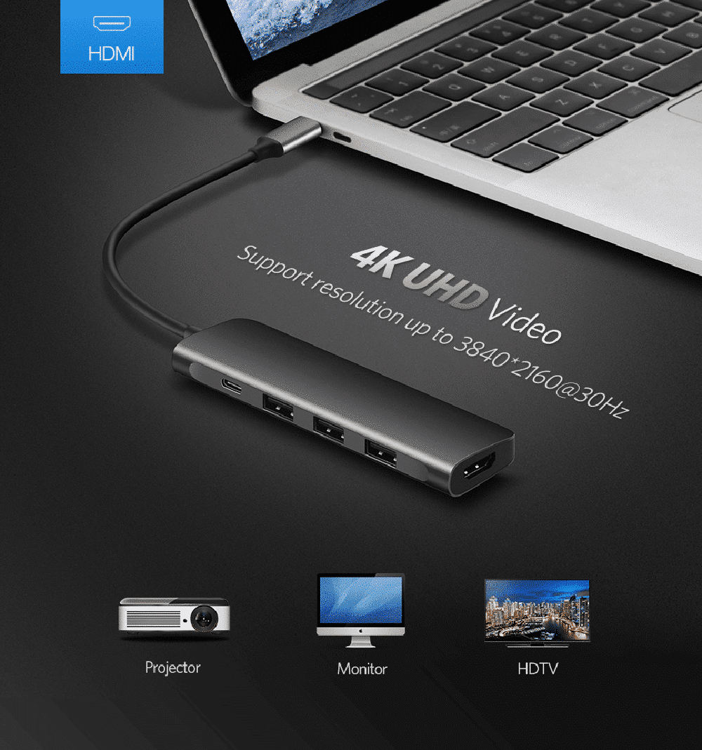 A gray HDMI hub connects to a laptop, supporting 4K UHD video output.