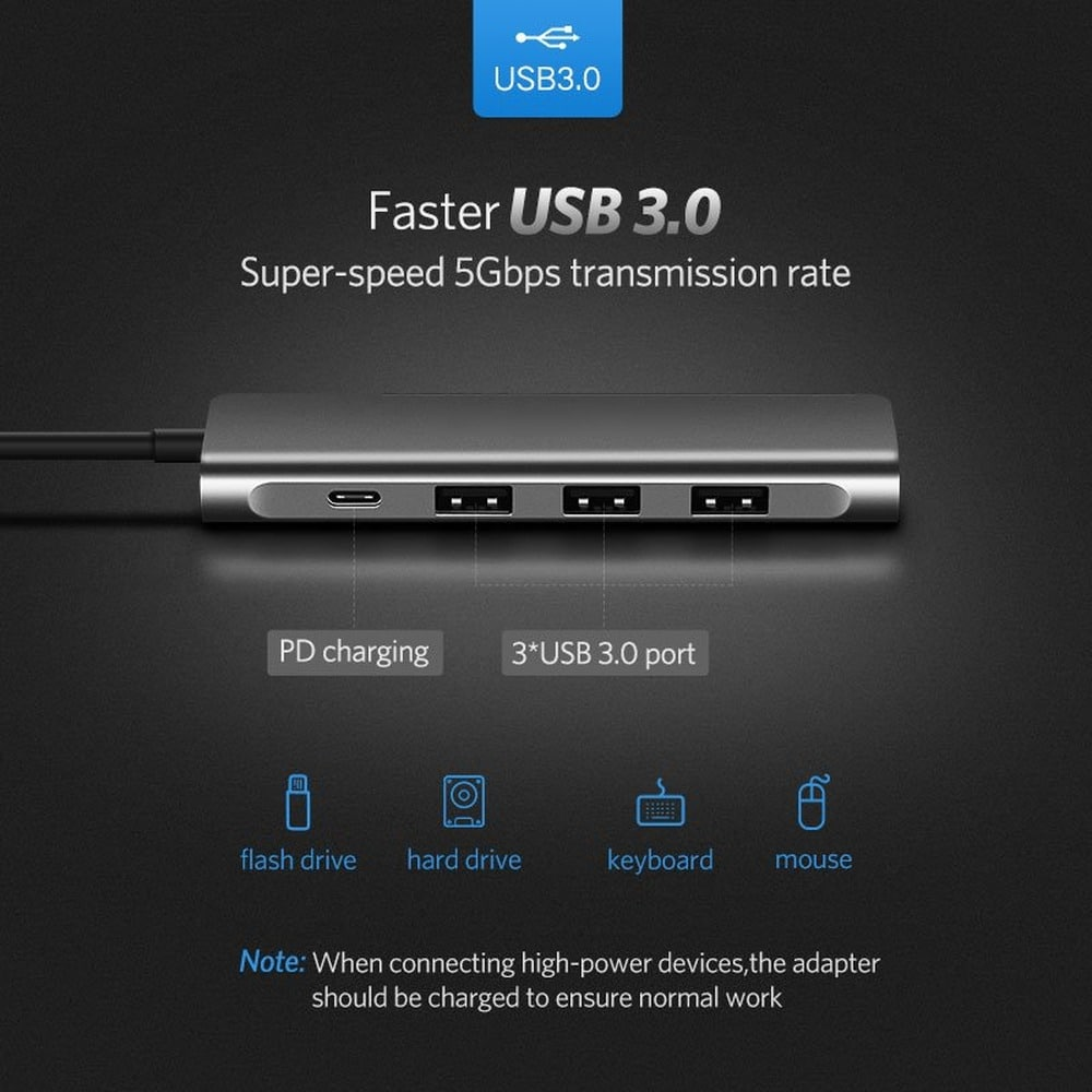 Gray USB 3.0 hub with PD charging, 3 USB ports, for drives, keyboard, mouse.