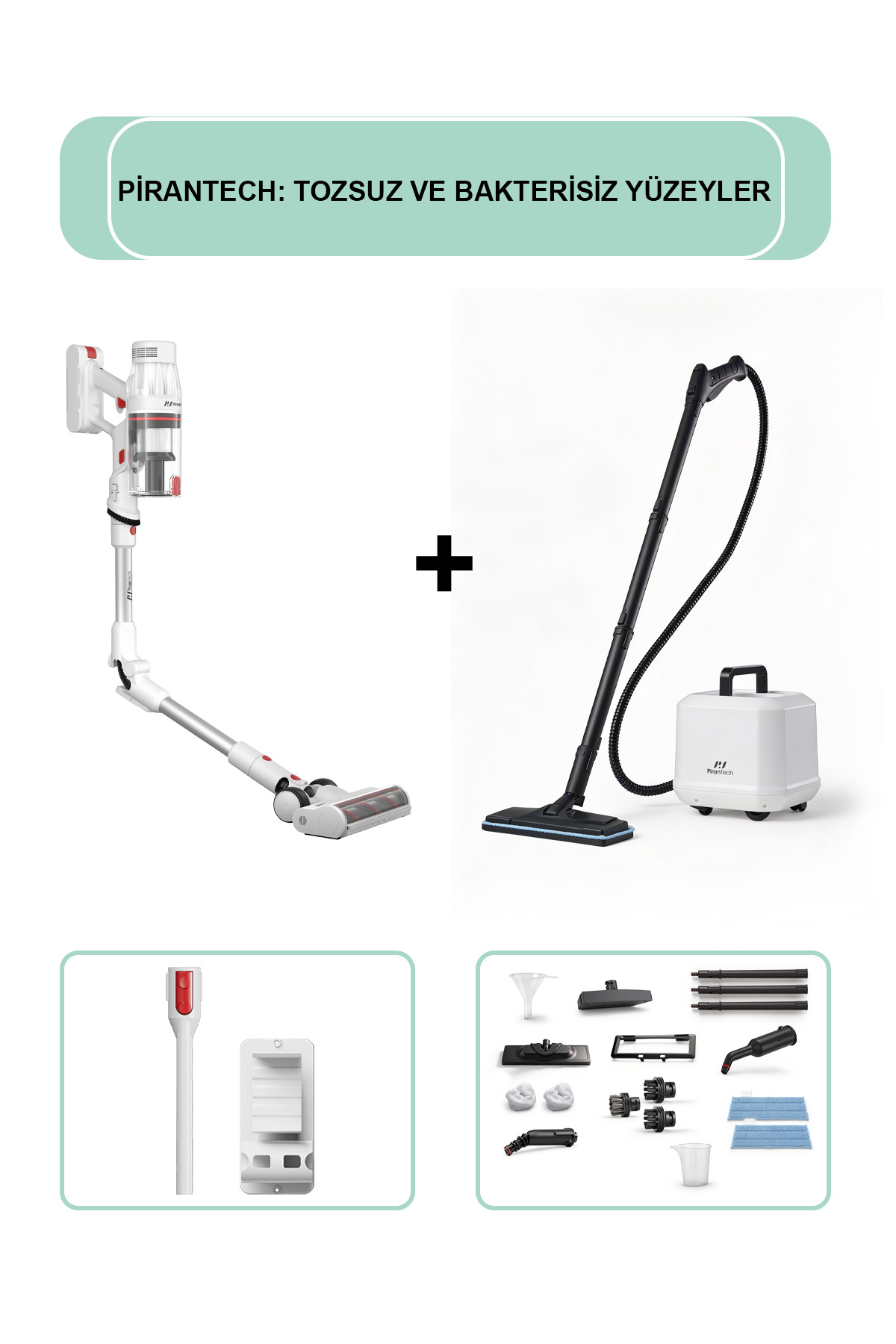 Kablosuz bir elektrikli süpürge ve aksesuarlı buharlı temizleyici beyaz zeminde.