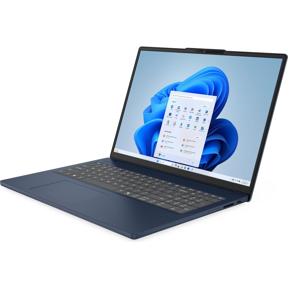 Ekranında Windows 11 başlangıç menüsü açık olan mavi bir dizüstü bilgisayar.