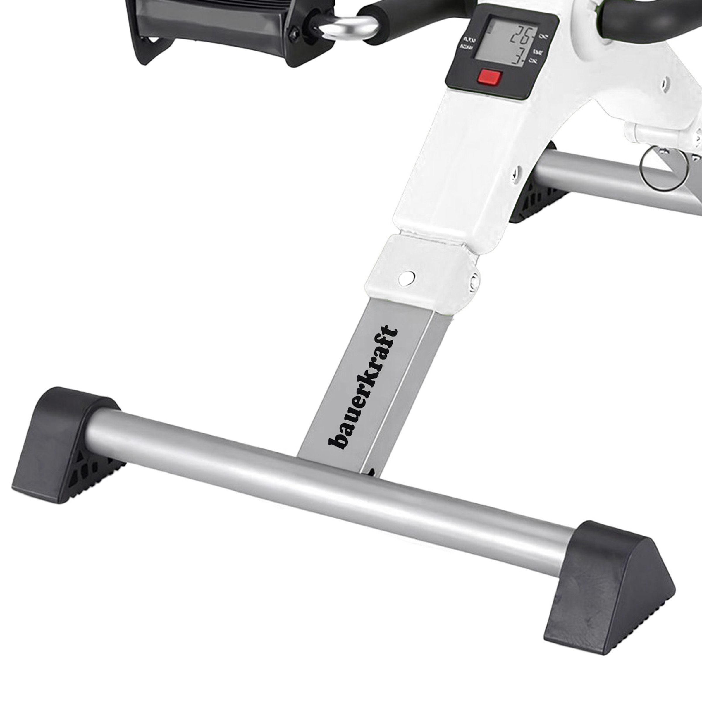 Biały i srebrny mechanizm pedału roweru stacjonarnego z cyfrowym wyświetlaczem.