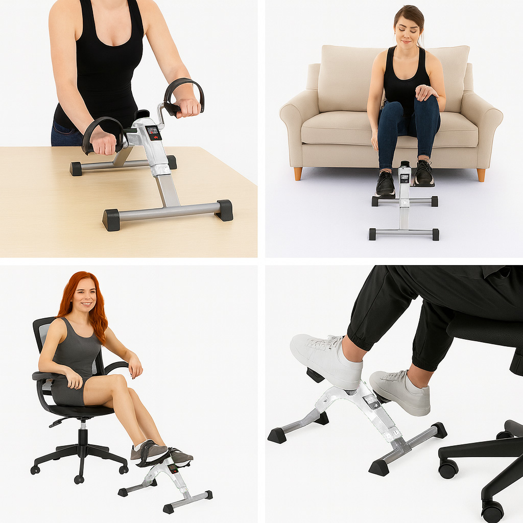 Cztery sceny pokazują przenośne urządzenie fitness z pedałami w różnych miejscach.