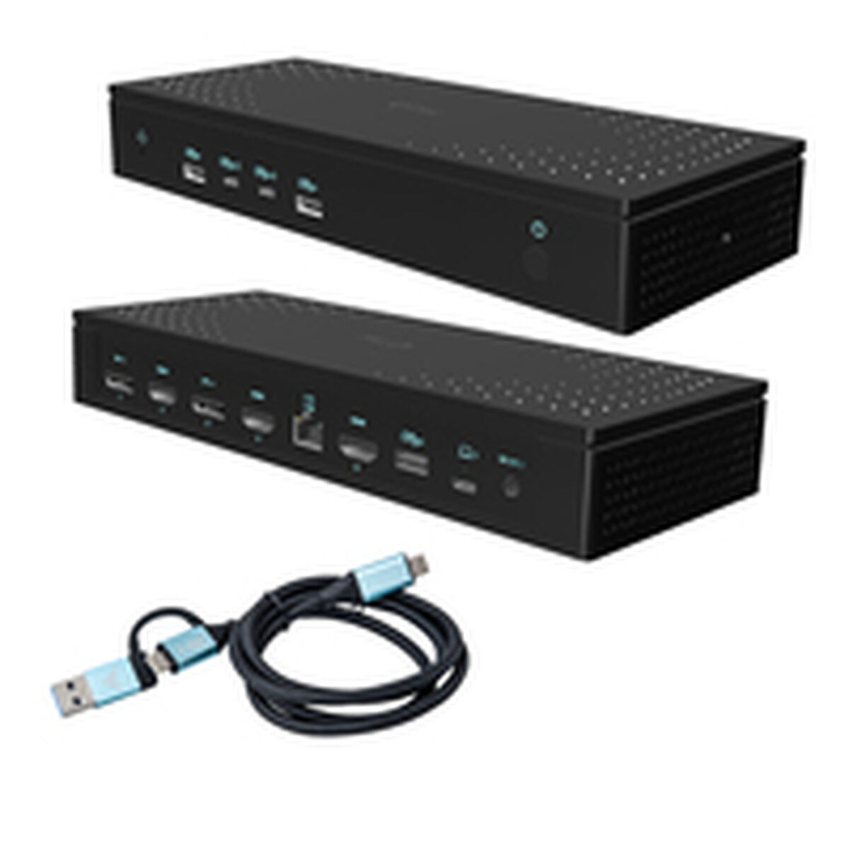 Two black docking stations with ports and a coiled black USB cable with blue connectors.