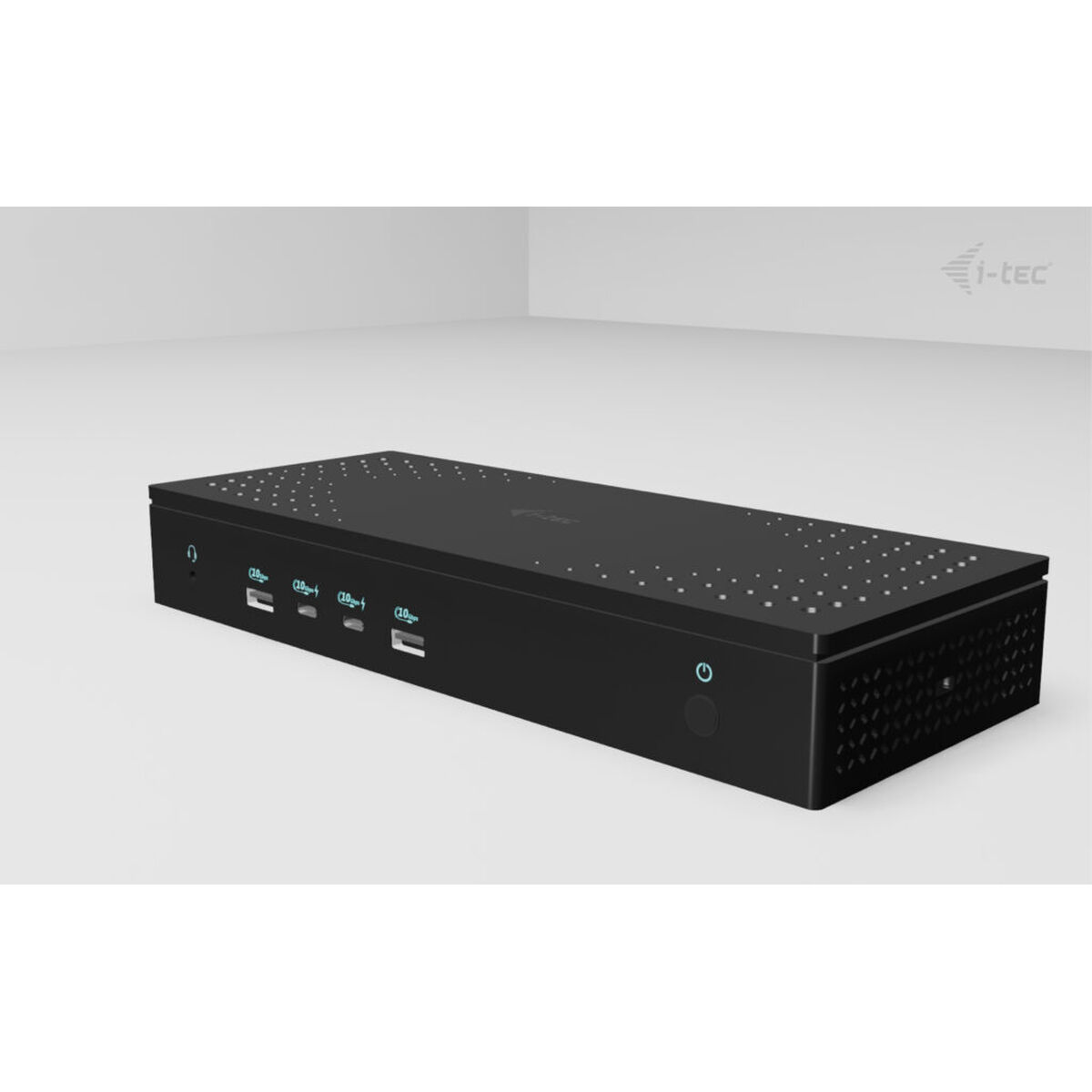 Black rectangular electronic device with multiple USB ports and a power button.