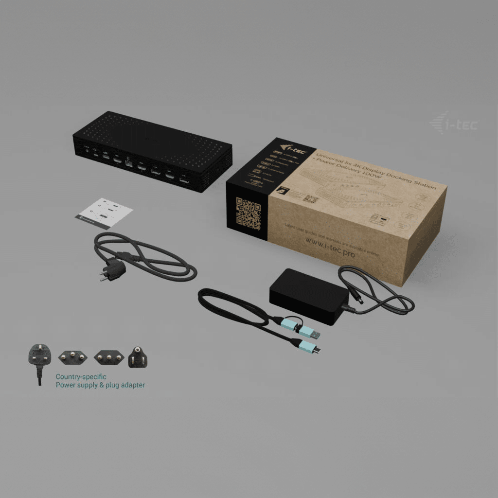 Black docking station box, power adapter, cables and adapters on a gray background.
