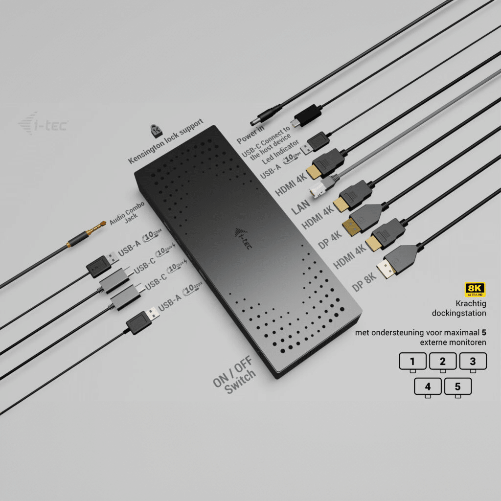 An i-tec docking station with multiple ports: USB-C, HDMI, LAN, DP, Audio. 8K capable.