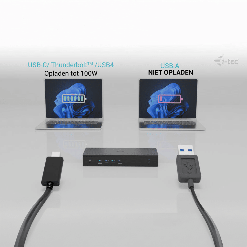 Two laptops; one charging via USB-C/Thunderbolt up to 100W, the other not via USB-A.