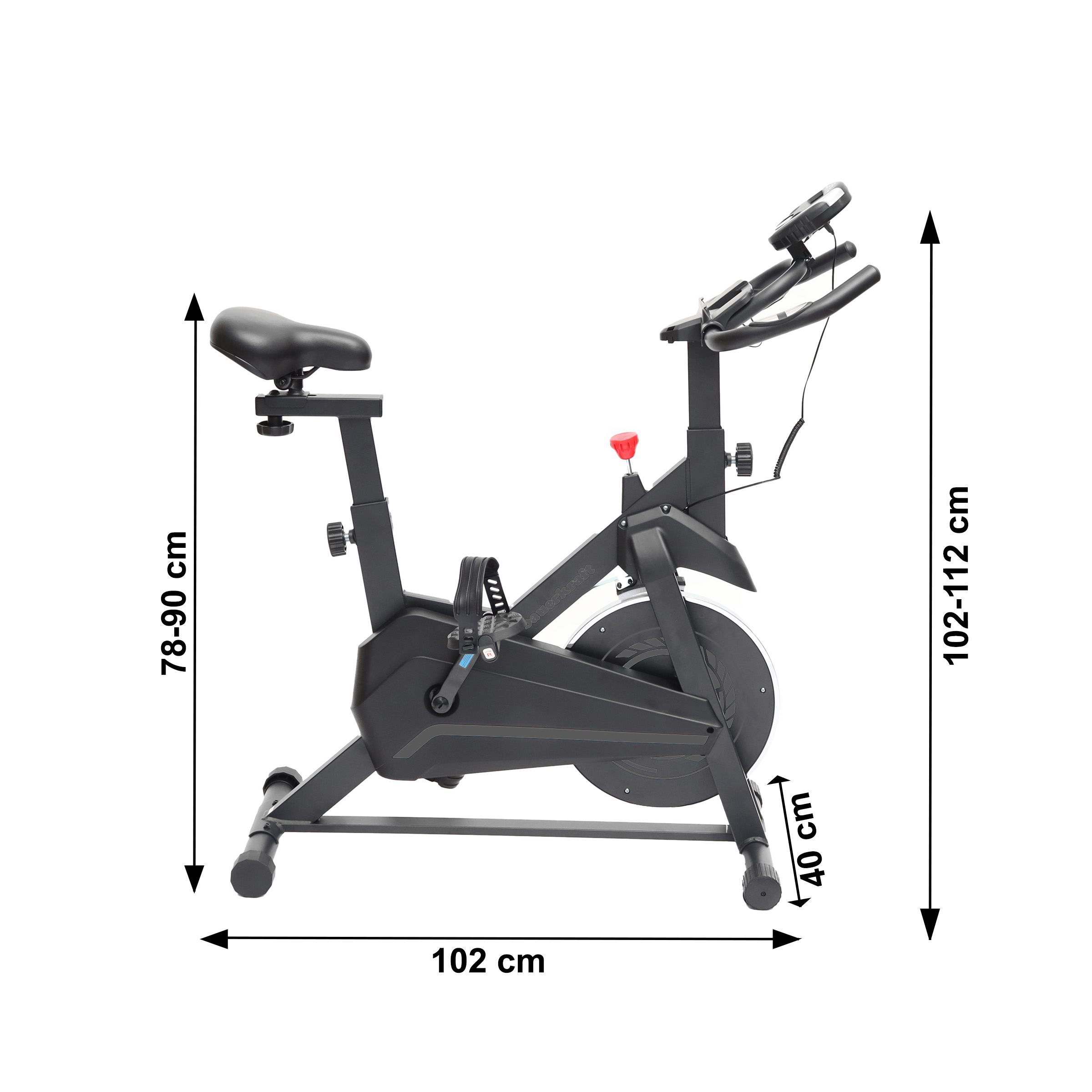 Czarny rower treningowy z wymiarami i białym tłem.