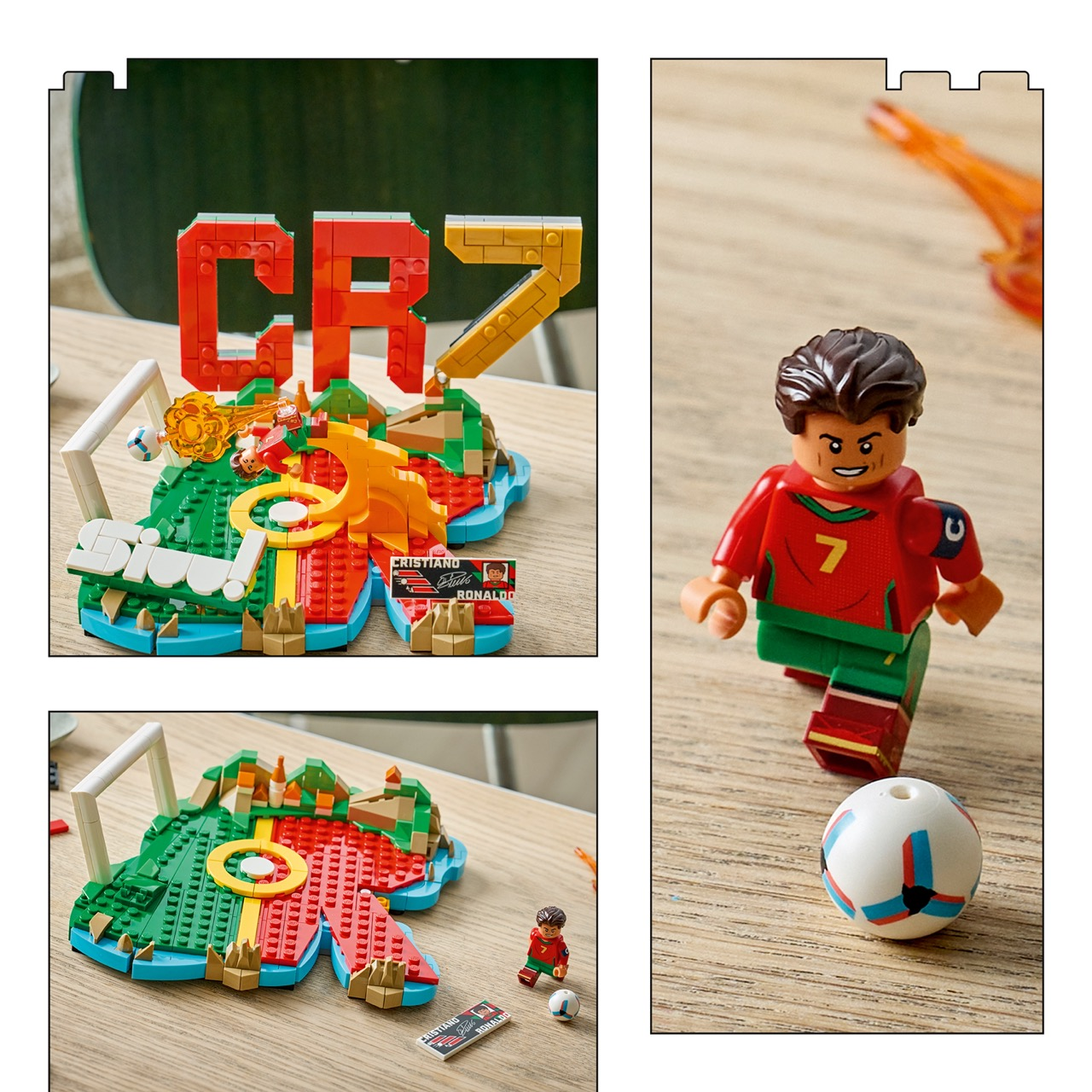 Diorama Lego przedstawiające Cristiano Ronaldo, boisko i logo CR7.